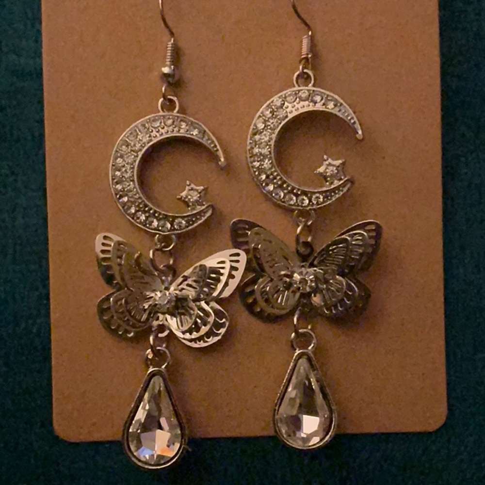 Silver Butterfly and Crescent Moon Earrings